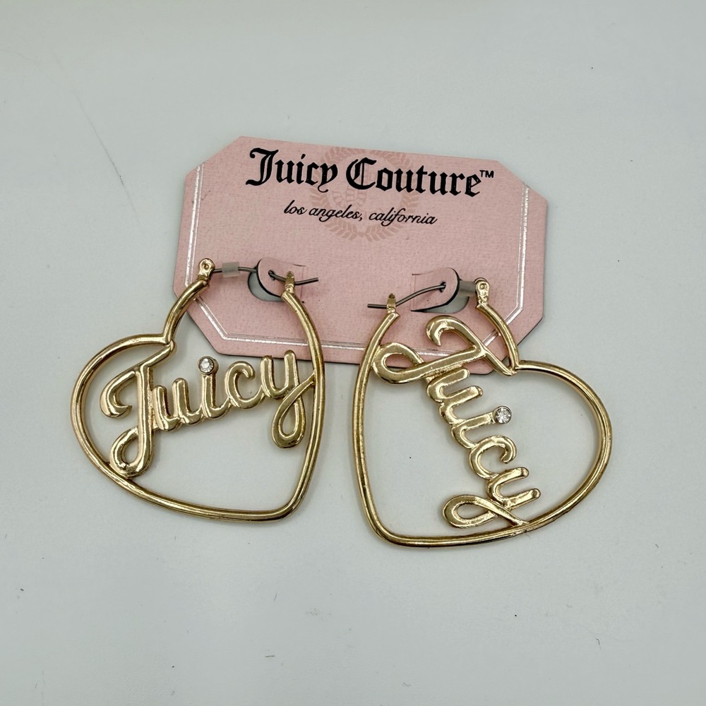 Juicy Couture Gold Heart Hoop Earrings “Juicy” Script Rhinestone NWT Y2K